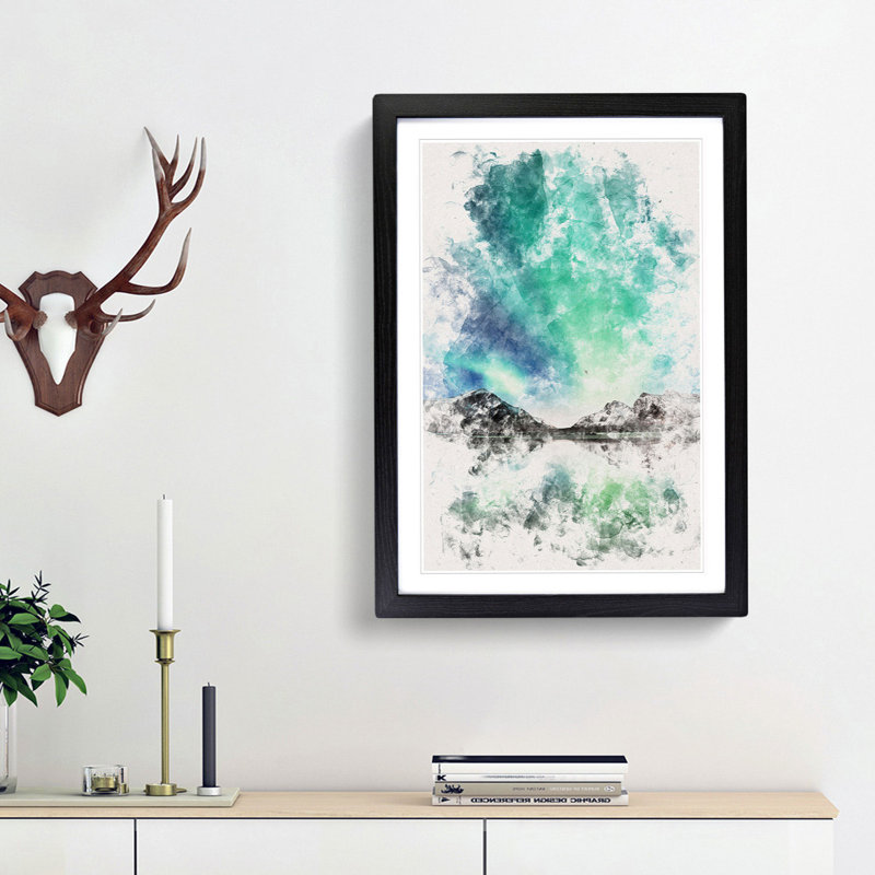 Northern Lights over Skagsanden Beach - Picture Frame Painting Print, 33cm H x 24cm W x 2cm D, Black Framed