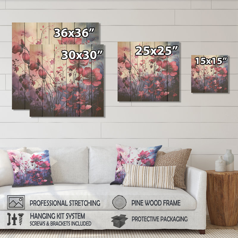 «Blue and Pink Twilight Poppies Glowing Meadow II» - coquelicots sur bois, H 15 po x l 15 po