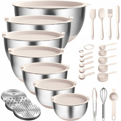 Mixing Bowls with Airtight Lids, Stainless Steel Nesting Bowls, with 3 Grater Attachments, Scale Mark & Non-Slip Bottom, 27 PCS, (Khaki)