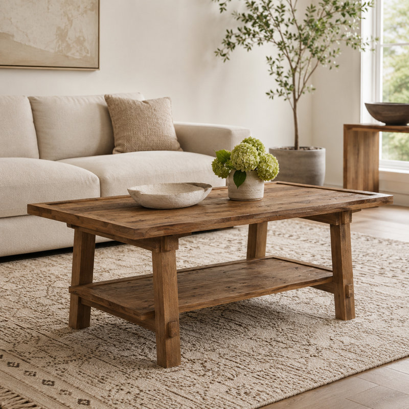 Solid wood coffee table, rectangular center table, with two shelves.