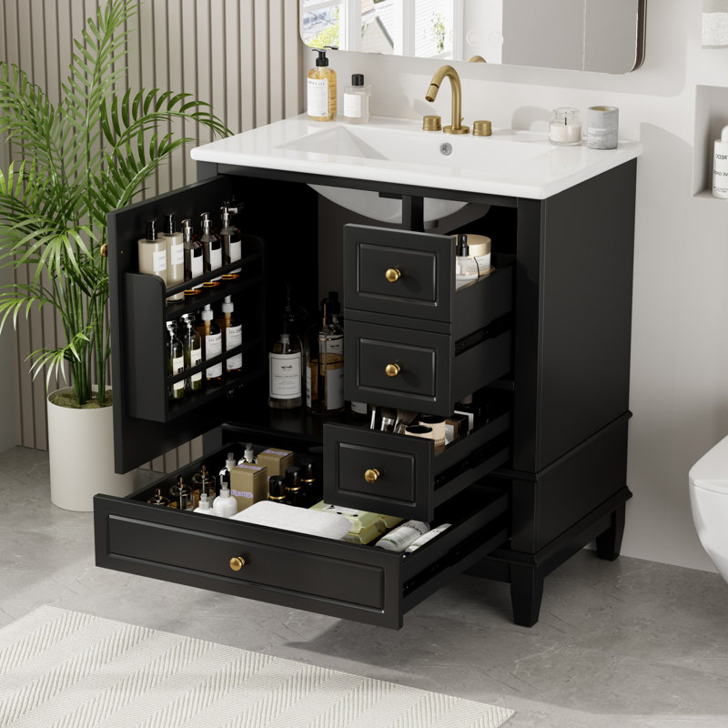 Meuble-lavabo avec lavabo, tablette et tiroirs, Noir, Doré