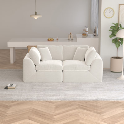 Canapé modulaire 2 pièces de 80 po de largeur, conception en nuage sans assemblage, accoudoirs en mousse à compression à densité élevée sans accoudoirs, chenille en blanc