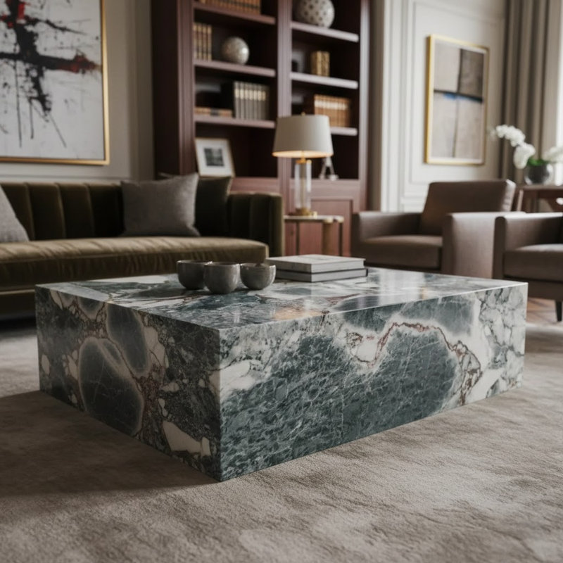 Genuine Marble Block Coffee Table - Galaxy Blue Marble, 11.81" H x 39.4" L x 23.6" W