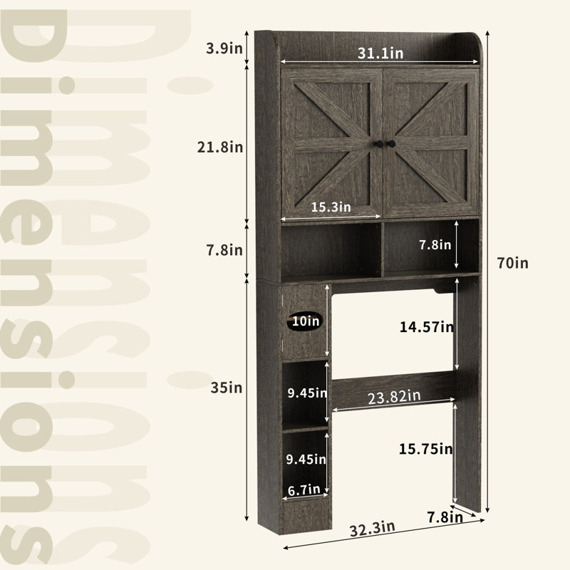 Rangement autoportant au-dessus de la toilette, armoire de rangement de salle de bain à 6 niveaux avec tablettes réglables, portes de grange