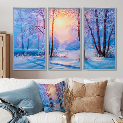 «Warm Sunshine Reflection over Winter Forest River III», reproduction de photo sur toile 3 pièces
