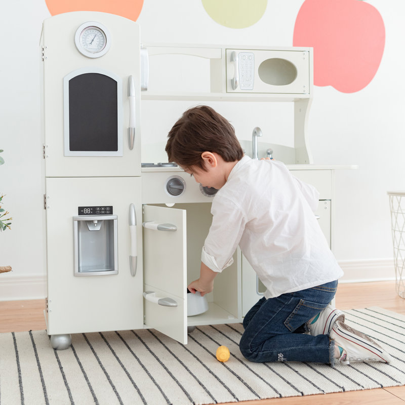Teamson Kids Retro Wooden Play Kitchen with Chalkboard, Pretend Icemaker & Accessories, White