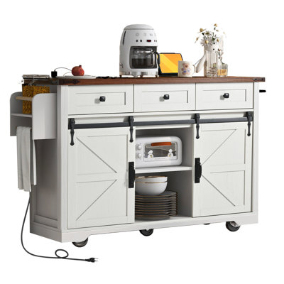 53.7" Farmhouse Kitchen Island With Power Outlet, 2 Sliding Barn Door Kitchen Storage Island With Drop Leaf, Spice Rack Rolling Kitchen Cart On Wheels