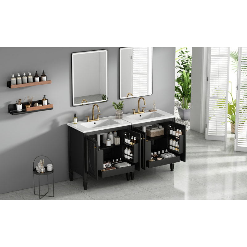 Meuble-lavabo vintage de 60 po avec deux lavabos, structure en bois massif, lavabo en céramique imperméable, protection contre le débordement, charnières à fermeture en douceur pour la fabrication double du tiroir du milieu, style rétro élégant,