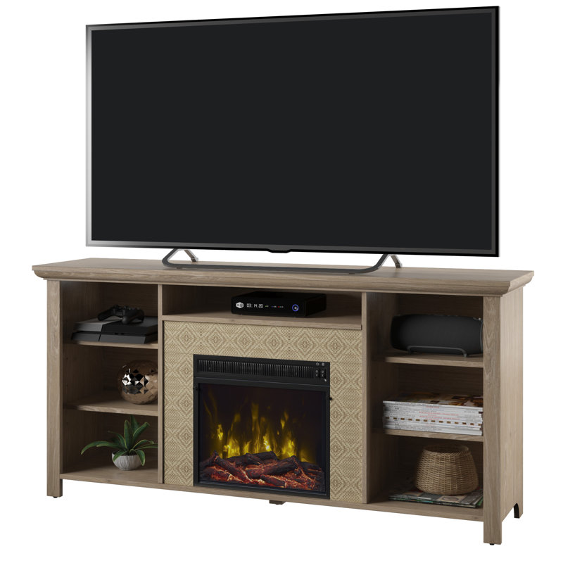 Poulan TV Stand for TVs up to 65" with Fireplace Included, Natural Oak