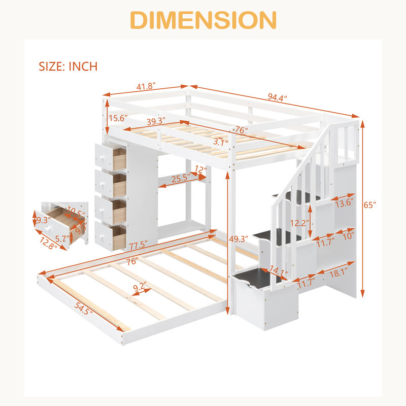 Twin Over Full Bunk Bed With 3-Layer Shelves, Drawers And Storage Stairs