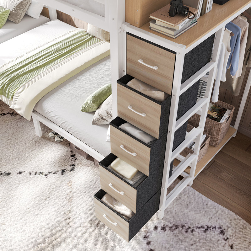 Lit superposé quadruple en métal pour 4 personnes avec tiroirs de rangement, garde-robe et tablettes ouvertes, blanc, Blanc
