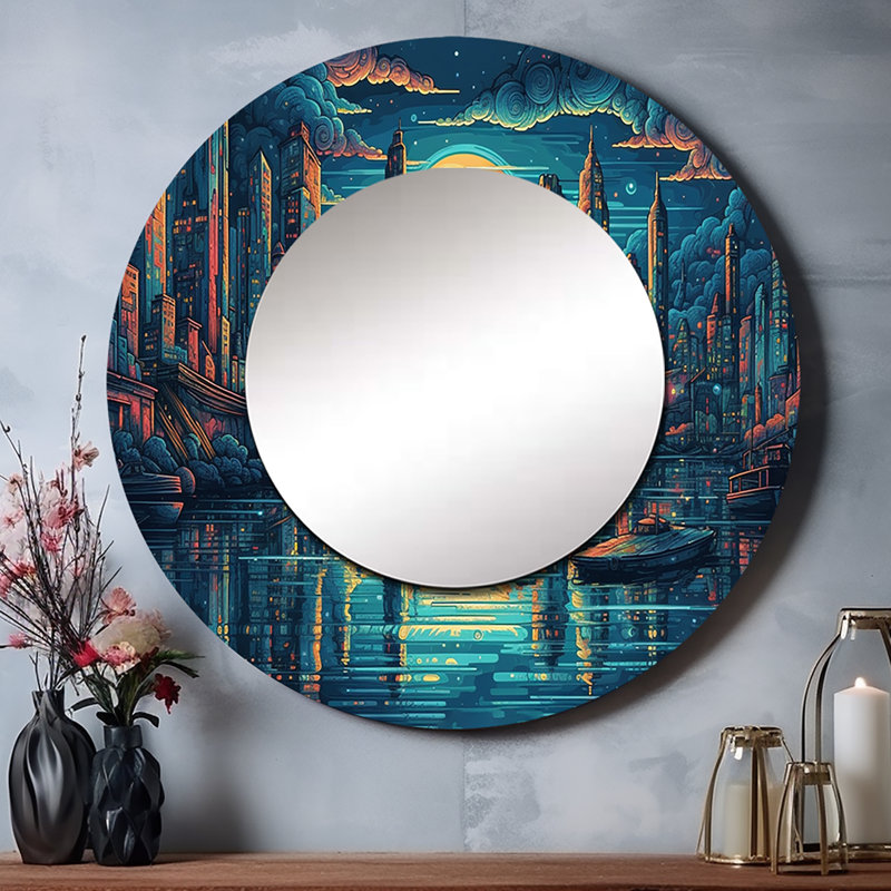 Gibbie Blue And Orange Artistic Tributes To The Art Deco Era - City Art Deco Large Wall Mirror, Blue Round Decorative Mirror, Printed Metal Art