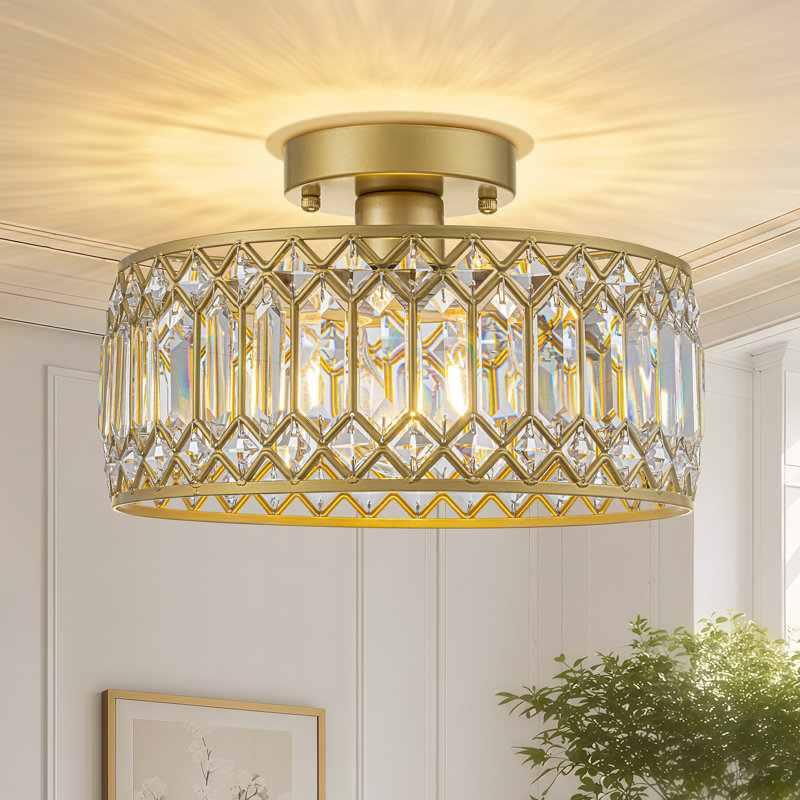 Luxury Crystal Drum Semi Flush Mount Light, Gold, 11" Width