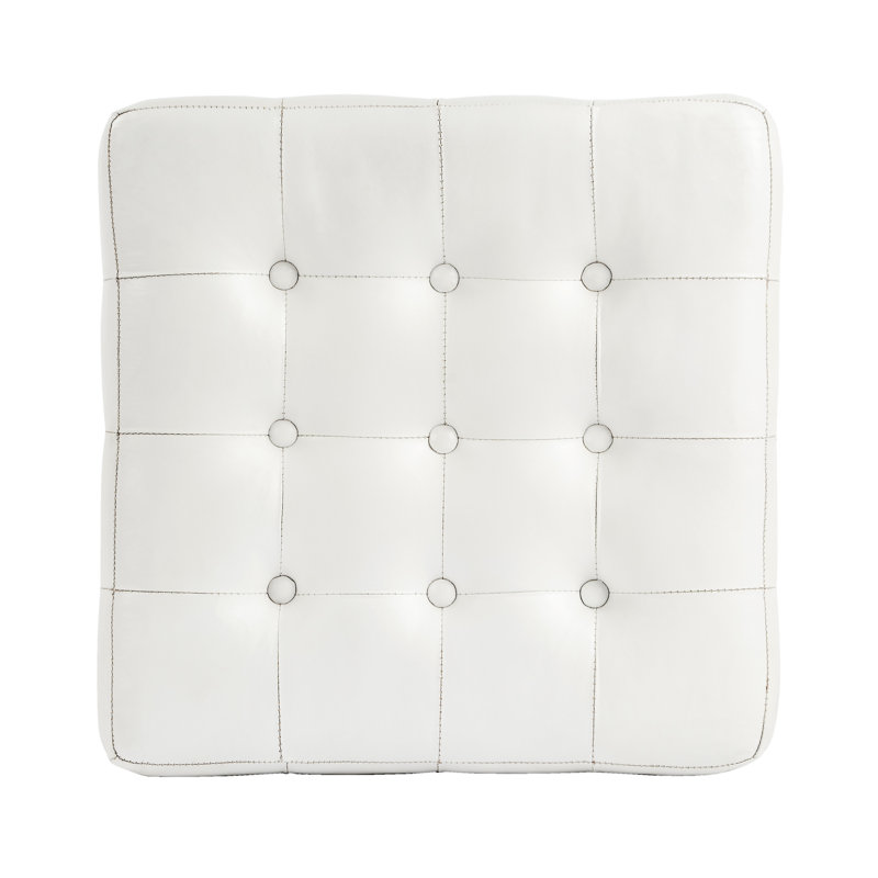 Leon Button Tufted Leather Ottoman, White Genuine Leather
