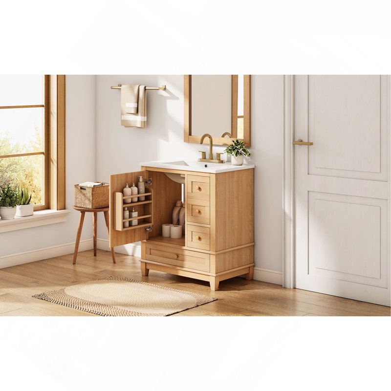 Meuble-lavabo de 30 po avec lavabo en céramique, armoire de salle de bain autoportante avec grain de bois naturel, pieds en bois d'hévéa massif, portes et tiroirs à fermeture en douceur, grand espace de rangement, bois naturel