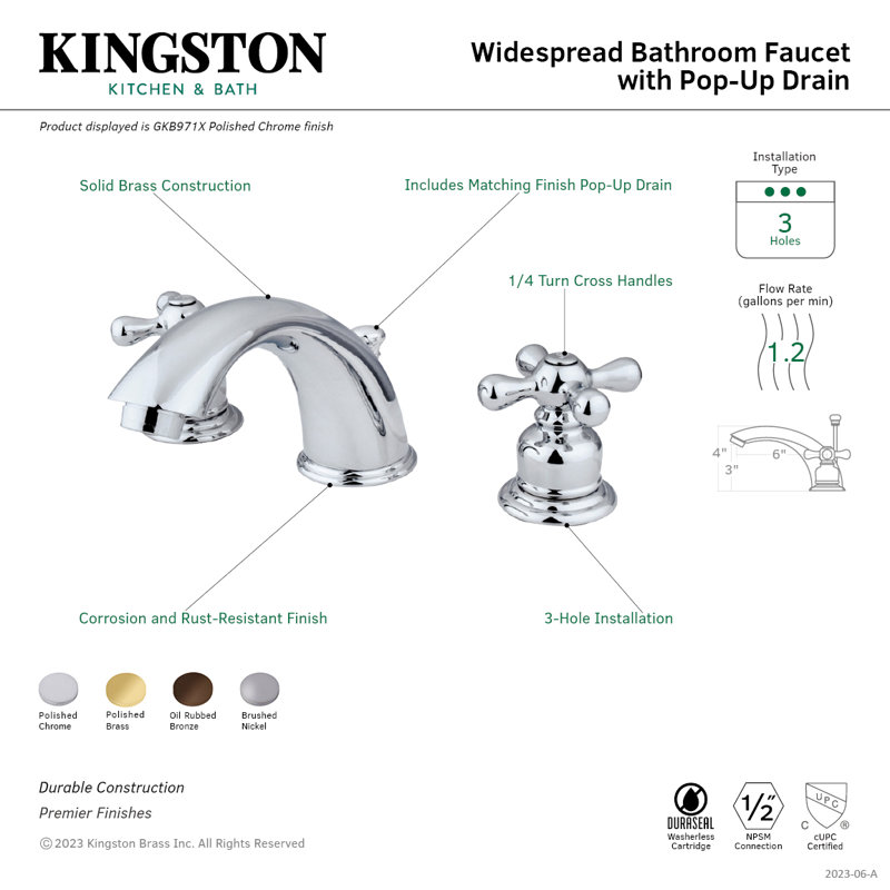 Robinet de salle de bain espacé avec ensemble de drain Victorian, Chrome poli