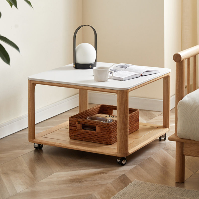 Modern Minimalist Oak Square Sintered Stone Mobile Side Table
