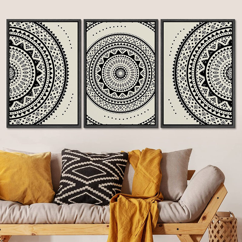 Black and White Geometric Mandala Framed Canvas Art Set