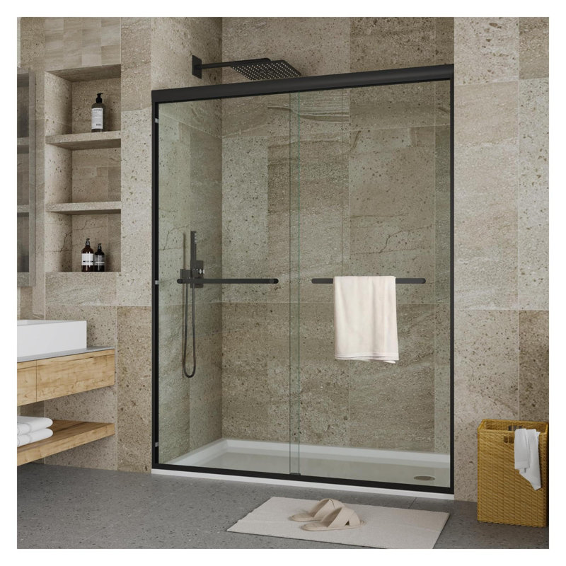 Porte de douche coulissante double semi-sans cadre pour douche à l'italienne, l 48 po x H 72 po - Verre trempé transparent de 6 mm - Revêtement facile à nettoyer - Rouleaux lisses, noir mat, noir élégant de 72 po x 48 po et d'une épaisseur de 6 mm