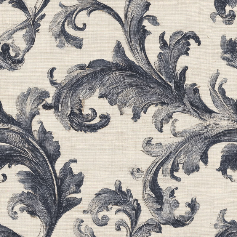 Papier peint à motifs damassés de feuilles d'acanthe, couleur crème et bleu marine, Peel and Stick