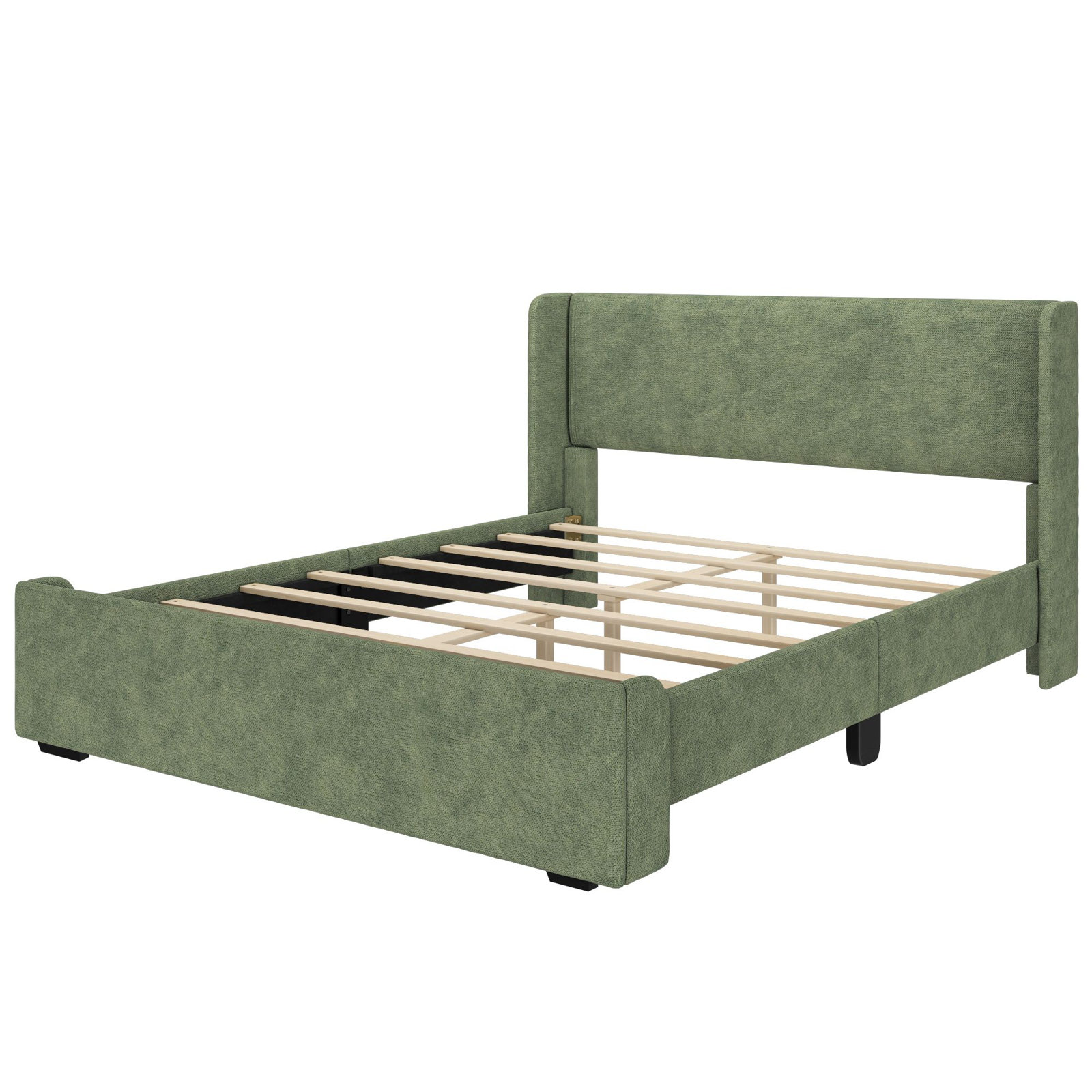 Solid Wood Upholstered Panel Bed with Rectangular Headboard, Queen, Green