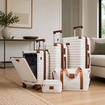 Ensemble de bagages 5 pièces avec ouverture frontale, valise cabine rigide extensible à roulettes multidirectionnelles, serrure TSA, port USB, porte-gobelet, sac de voyage et trousse de toilette.