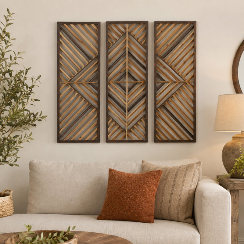 Wood Slatted Wood Design Geometric Brown Wall Decor Set