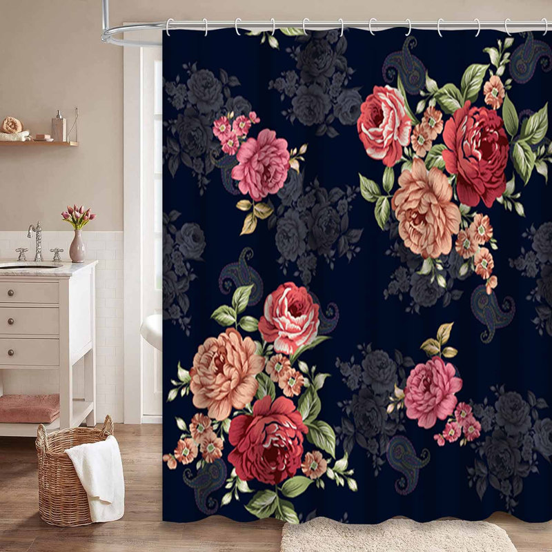 Rideau de douche rétro avec 12 crochets Vintage Flower, L 72 po x l 84 po