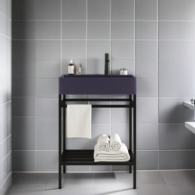 24" Bathroom Vanity With Glossy Ceramic Basin, Freestanding Bathroom Console Sink Set With Sturdy Iron Storage Shelf, Available In Multiple Colors, No Faucet, Easy Assembly