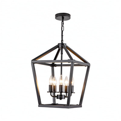 Farmhouse Lantern Chandelier 5-Light, Industrial Black Ceiling Light Fixture with Rustic Open Cage and Adjustable Hanging Height, E12 Base for Kitchen Island, Dining Room, Entryway, Foyer