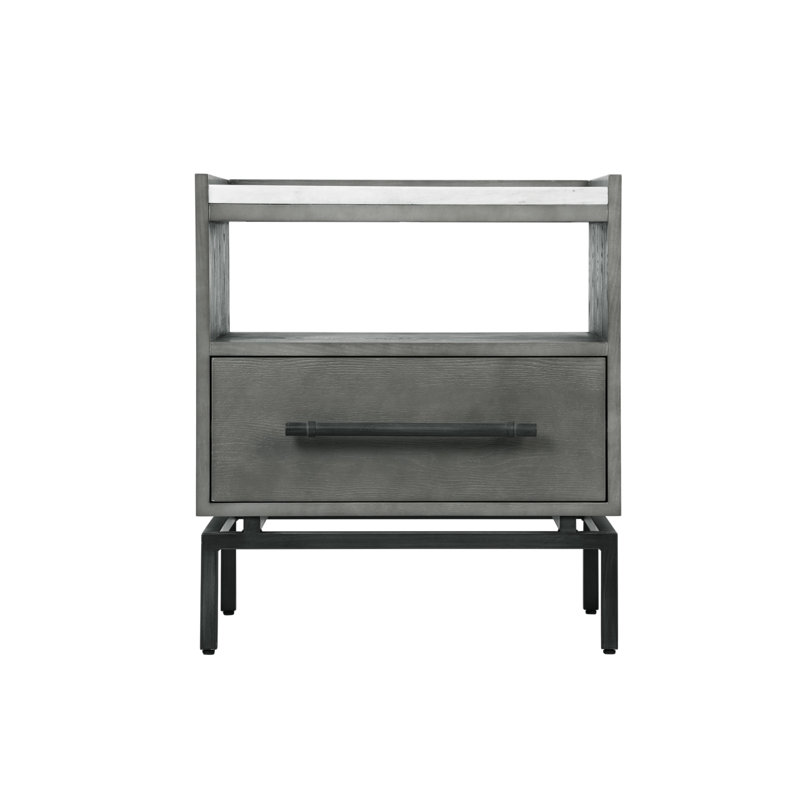 Tommy Hilfiger Ascher Modern Living Room End Table with 1 Drawer, Matte Black Metal Legs, Gray Wood Finish