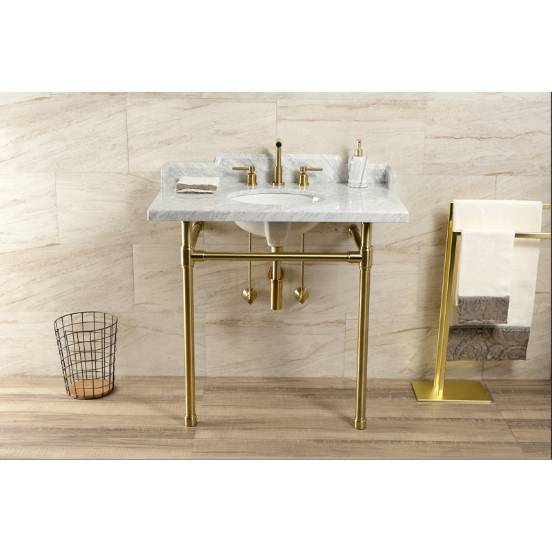Kingston Brass Dreyden 36-Inch Carrara Marble Console Sink with Stainless Steel Legs (8-Inch, 3-Hole)
