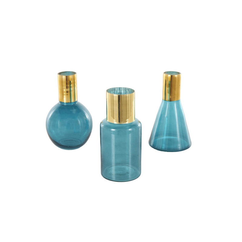 Jaelys Glass Tinted Decorative Vase with Shiny Round Opening Set, 8.45" H x 5.1" W x 5.1" D, Blue