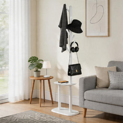 This Versatile Independent Coat And Hat Tree Features A Refreshing Cloud White Color Scheme And An 8-Hook + Storage Shelf Design, For Hanging Coats, Hats, Bags, And Other Items.