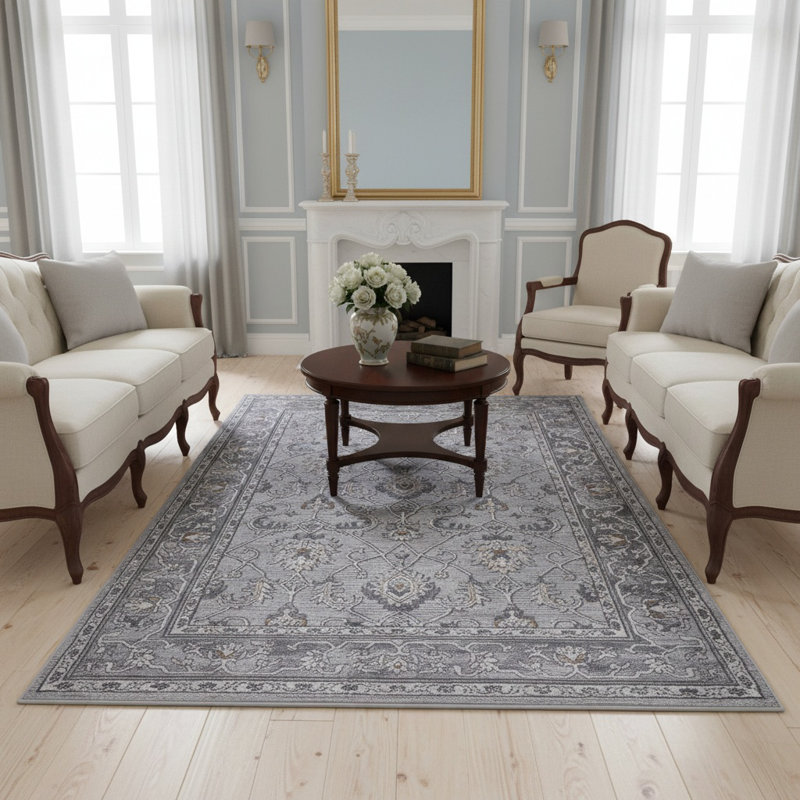 MARFI Collection Ivory / Grey Oriental Runner Rug, Rectangle 6'7" x 7'9"