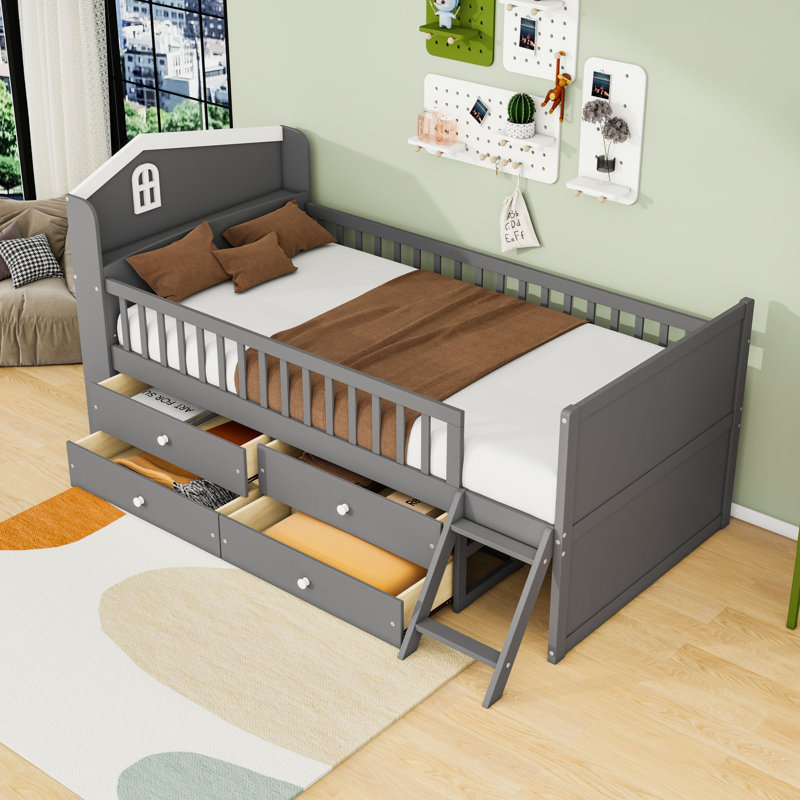 Structure de lit simple en bois avec tiroirs de rangement et garde-corps de sécurité, Gris