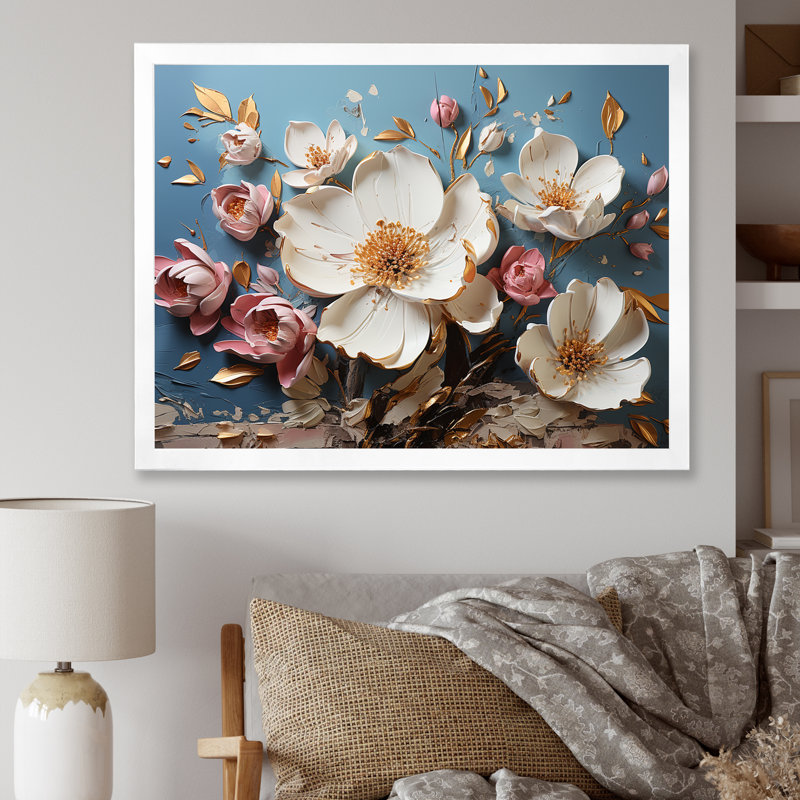 Fleurs de coquelicot blanches et roses - Art floral abstrait, H 12 po x l 20 po x P 1 po, Cadre d'angle fermé blanc