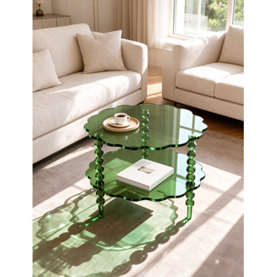 Acrylic Coffee Table, Small Round Modern Coffee Table for Living Room, Bead Legs Accent Table, Scratch Resistant Surface