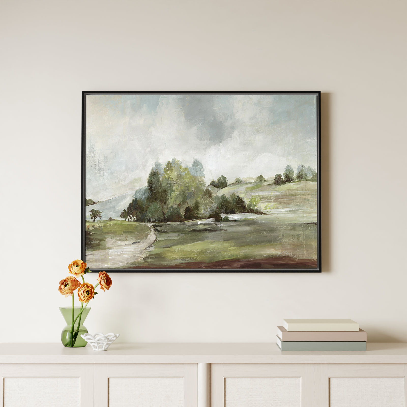 Green Country Road by Allison Pearce - Floater Frame Print on Canvas, 31.5" H x 41.5" W, Black