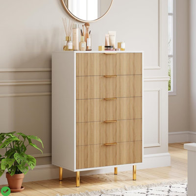 Natural Dresser Modern 5 Drawer Dresser for Bedroom w/ Gold Handle and Large Drawer by Mercer41