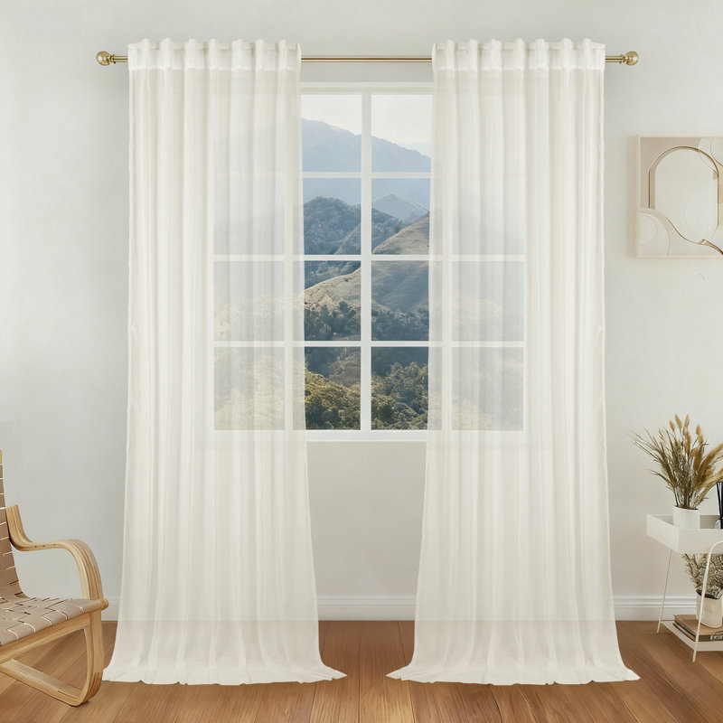 Paire de rideaux semi-transparents avec passe-tringle (ensemble de 2), Blanc, L 52 po x L 108 po