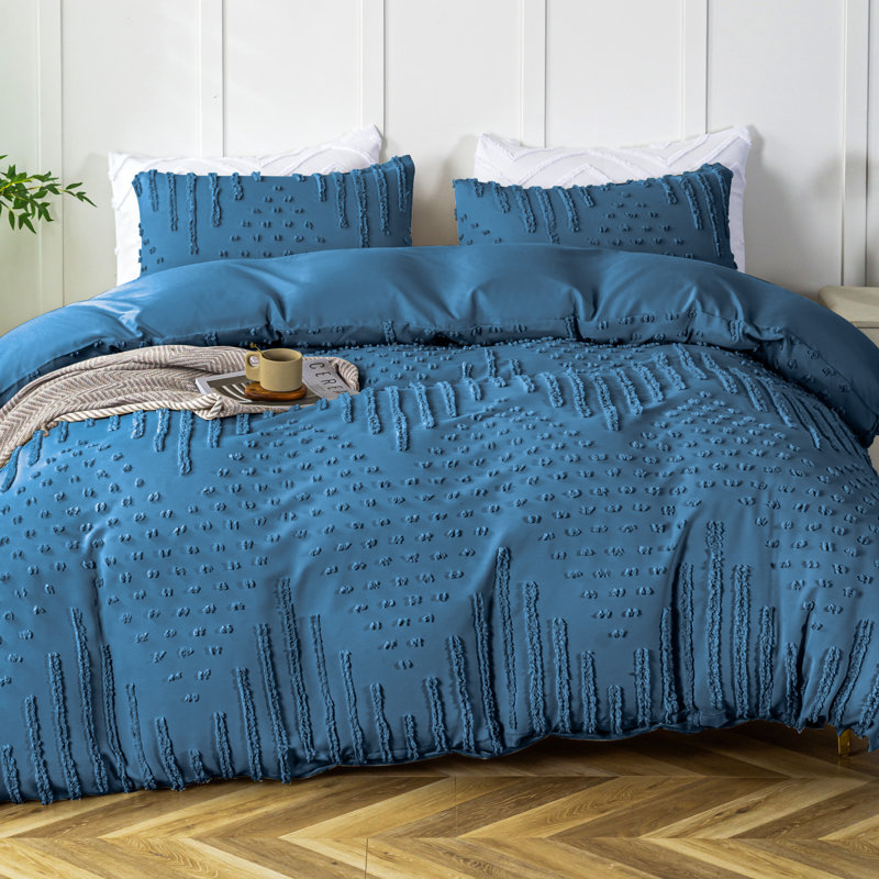 Tufted Bohe Duvet Cover Set Beddings , Queen Duvet Cover + 2 Standard Pillowcases, Blue Geometric Shapes
