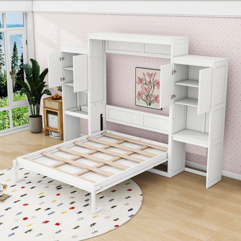 Grand lit escamotable en bois avec armoire intégrée, bureau et meuble-lavabo, Blanc
