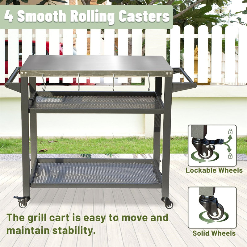 3-Shelf Outdoor Grill Table, Grill Cart With Wheels, Outdoor Pizza Oven And Food Prep Table, Blackstone Table With Stainless Steel Tabletop, Grill Stand For Blackstone Griddle For Outside BBQ