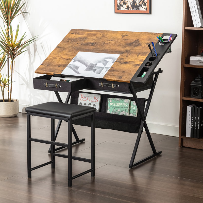 Yumisani Drawing Table with Stool Table Top Adjustable Angle with 2 Drawers Drawing Square Table, Rustic Brown