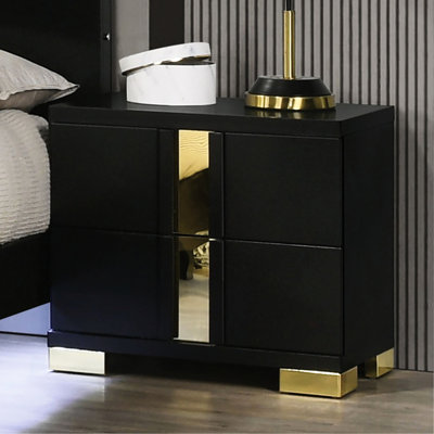 Table de chevet 2 tiroirs en noir et or, conception en bois d'ingénierie et en métal, pieds entre crochets, option de mise à niveau de la chambre à coucher pour la décoration