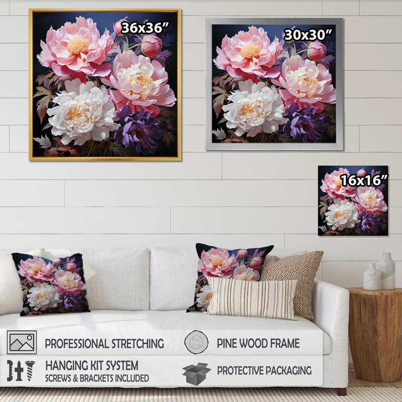 Art asiatique pivoines en rose II - impression, H 16 po x l 16 po x P 1 po, Cadre naturel flottant