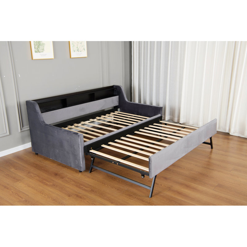 Daybed With Trundle, Bed Frame With LED Light, Charging Station