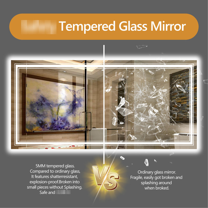 Smart, 36 po x 36 po, miroir de salle de bain à DEL, luminosité réglable, 3 choix de température de couleur, interrupteur de brouillard et d'alimentation intégré, compatibilité d'interrupteur mural, Ul, éclairage en verre trempé de 4 mm à intensité variable,