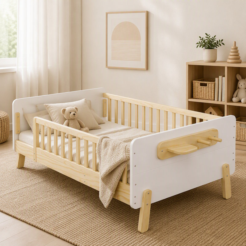 Lit plateforme en bois avec tête de lit, pied de lit et barrières de sécurité, Lit simple, White